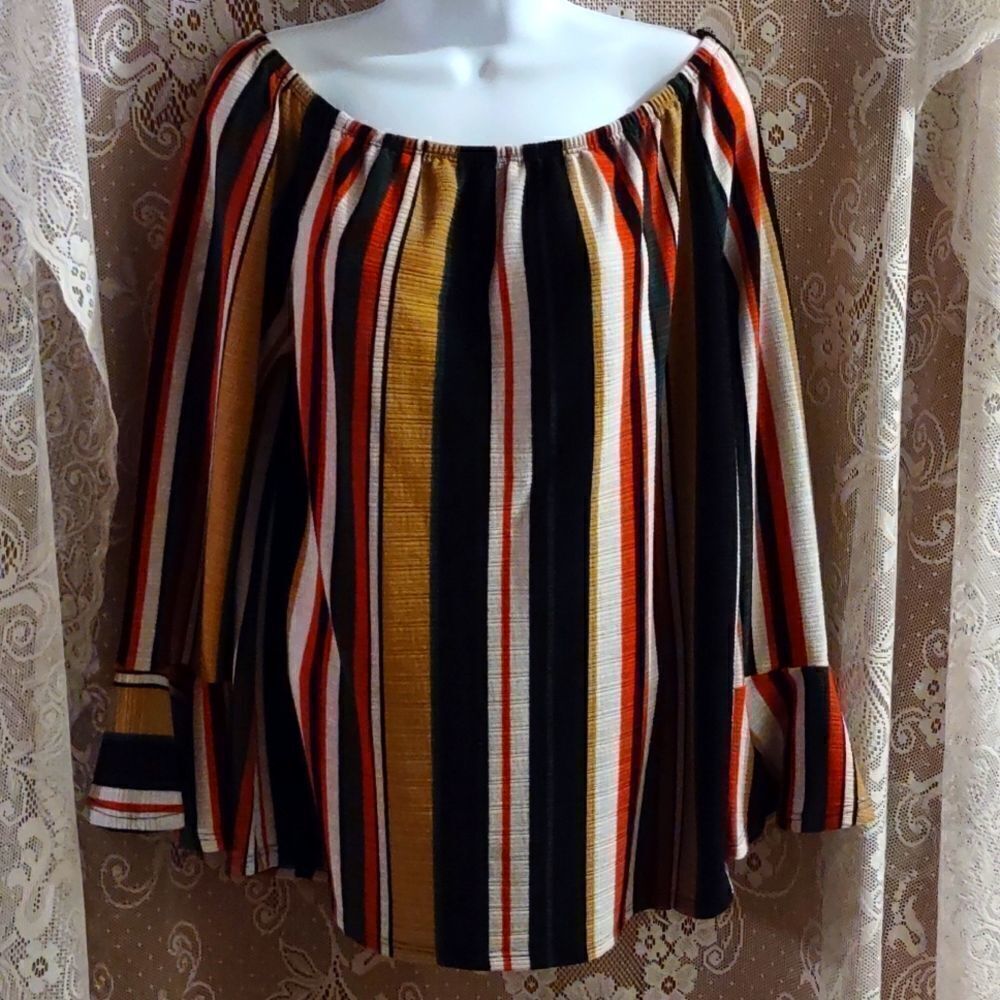 White Birch‎ Women's Sz L Festive Boho gold black green stripe Bell sleeve